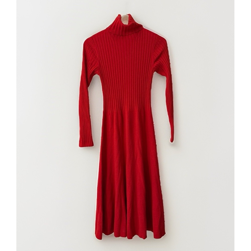 Lafayette 148 NY‎ Red 100% Extrafine Merino Wool Ribbed Turtleneck Midi Dress P